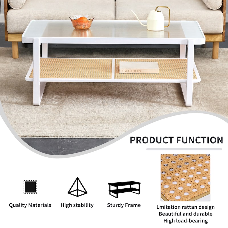 White Double-Layer Coffee Table, Glass Tabletop Imitation Rattan Side Table, Rectangular Solid Wood Table for Living Room