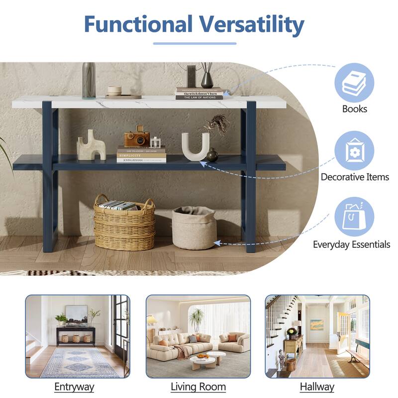 Wooden Narrow Console Table with Marble Effect Top, 54" Retro Rectangular Entryway Sofa Table with Open Shelf
