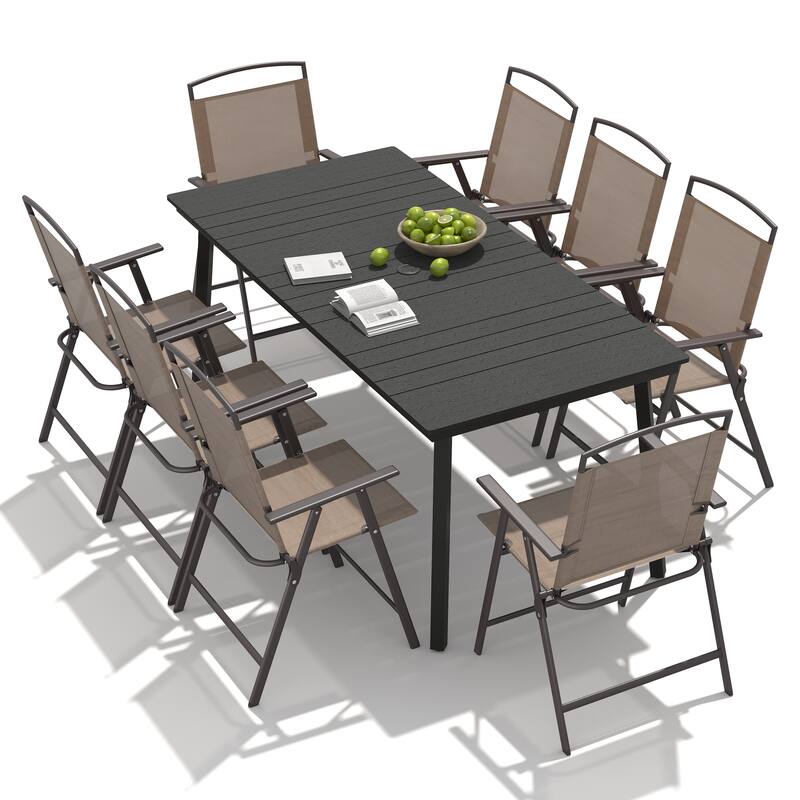 9-Piece Outdoor Dining Set Rectangle Patio Dining Table with Umbrella Hole and Folding Chairs