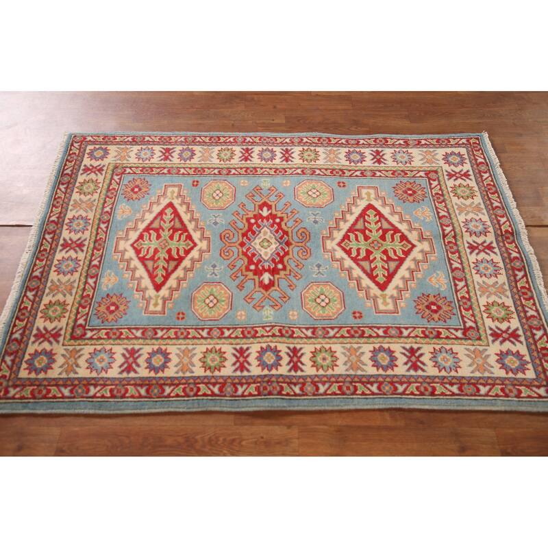 Light Blue Kazak Accent Rug Handmade Wool Carpet - 3'4"x 4'9"