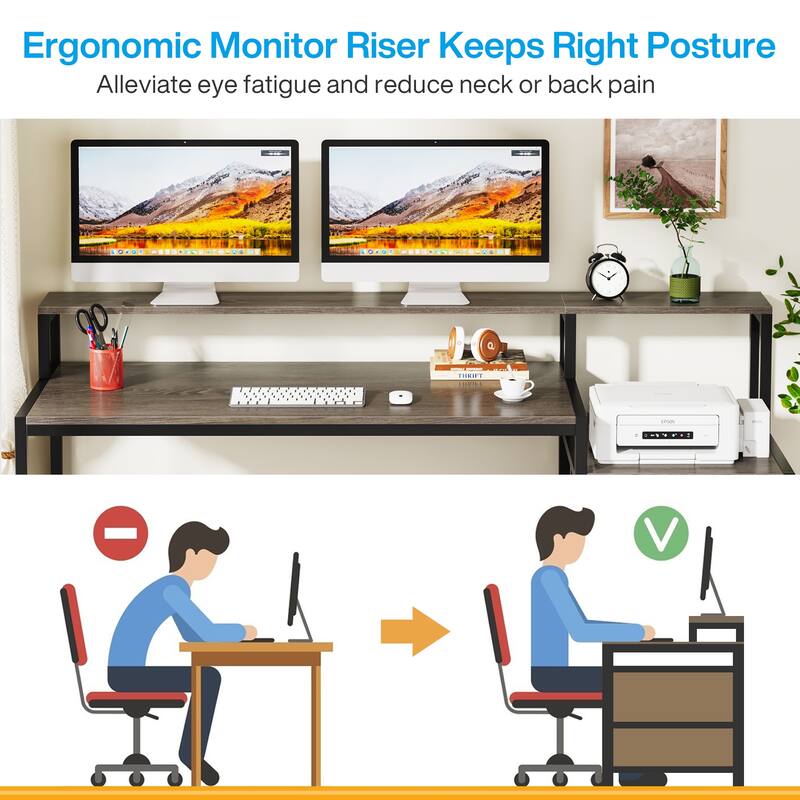 63 Inch Computer Desk with 3 Drawers, Modern Office Table with Monitor Stand and Printer Space for Home Office