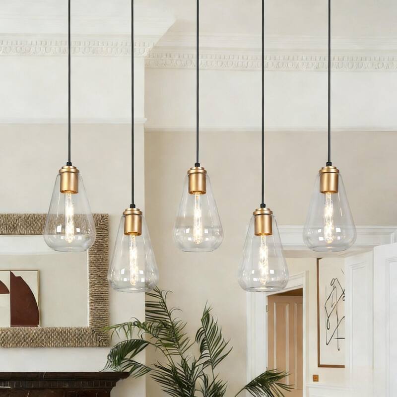 Modern Farmhouse 5-Light Black Gold Chandelier Linear Design with Clear Glass Kitchen Island Light for Dining Room