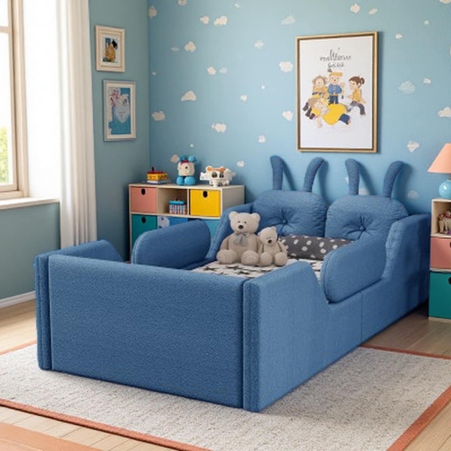 Twin Kids Upholstered Platform Bed with Removable Safety Rails and Rabbit Cushions, Soft Teddy Fabric Floor Bed