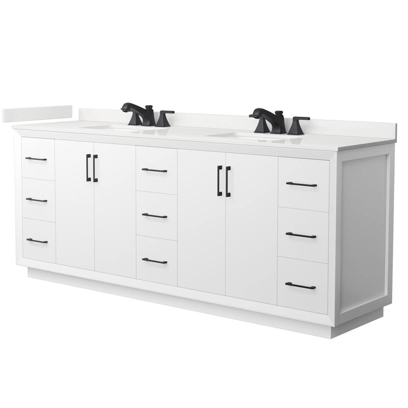 Wyndham Collection WCF414184D-QTZ-US3MXX Strada 84" Free Standing - White / White Quartz Top / Matte Black Hardware