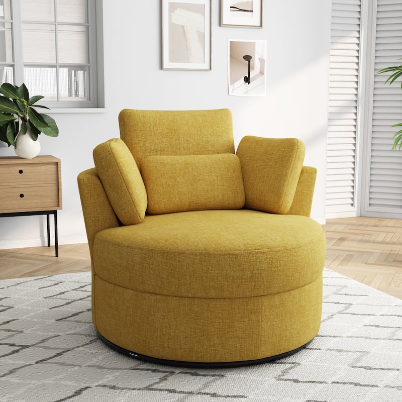 Upholstered Swivel Accent Chair with Wooden Tray Storage Ottoman