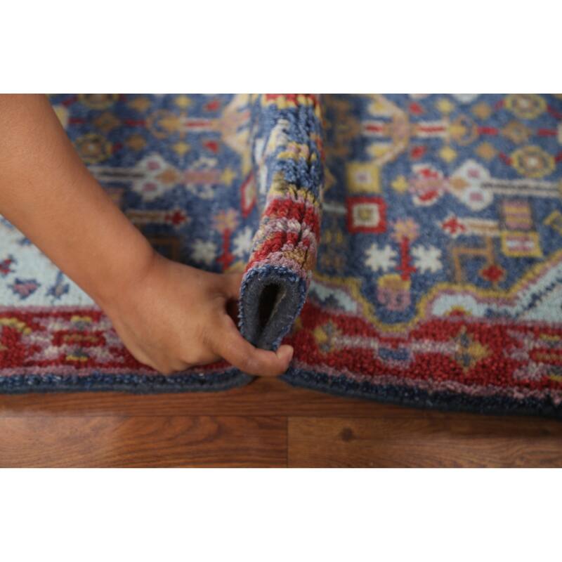 Blue Geometric Kazak Indian Accent Rug Hand-Knotted Wool Carpet - 2'0"x 3'0"
