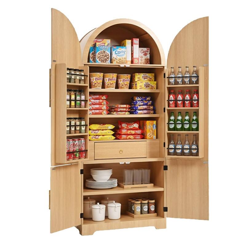 Arched 72" Tall Kitchen Pantry Cabinet with 8 Door Shelves and 3 Adjustable Shelves for Kitchen Storage Solutions