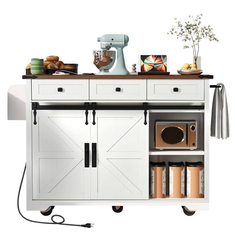 Anmytek 53.7" Farmhouse Rolling Kitchen Island with Power Outlet, Drop Leaf, Sliding Barn Doors, White Storage Cart