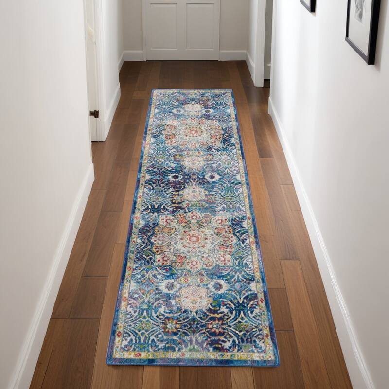 Cahow Power Loomed Distressed Abstract Floral Traditional Non Skid Area Rug By HomeRoots - 96' X '28' X '0.5 - 96' X '28' X '0.5 - Oxford Blue - Runner