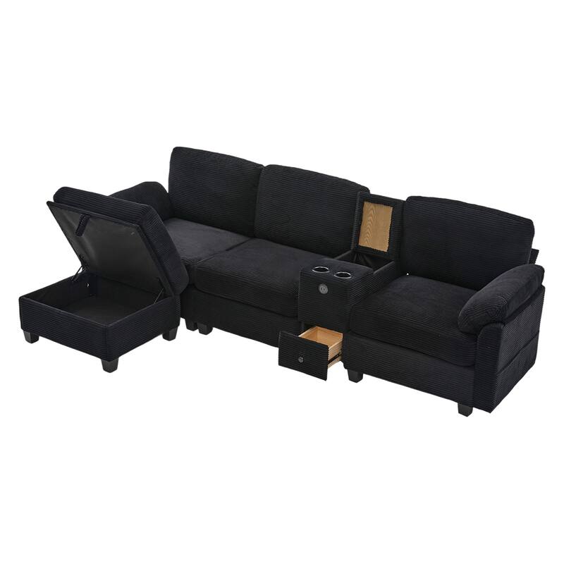 HOMEFUN Corduroy Upholstered L-Shaped 4-seater Storage Multifunctional Sectional Sofa with Storage Ottoman,Cup Holder and USB