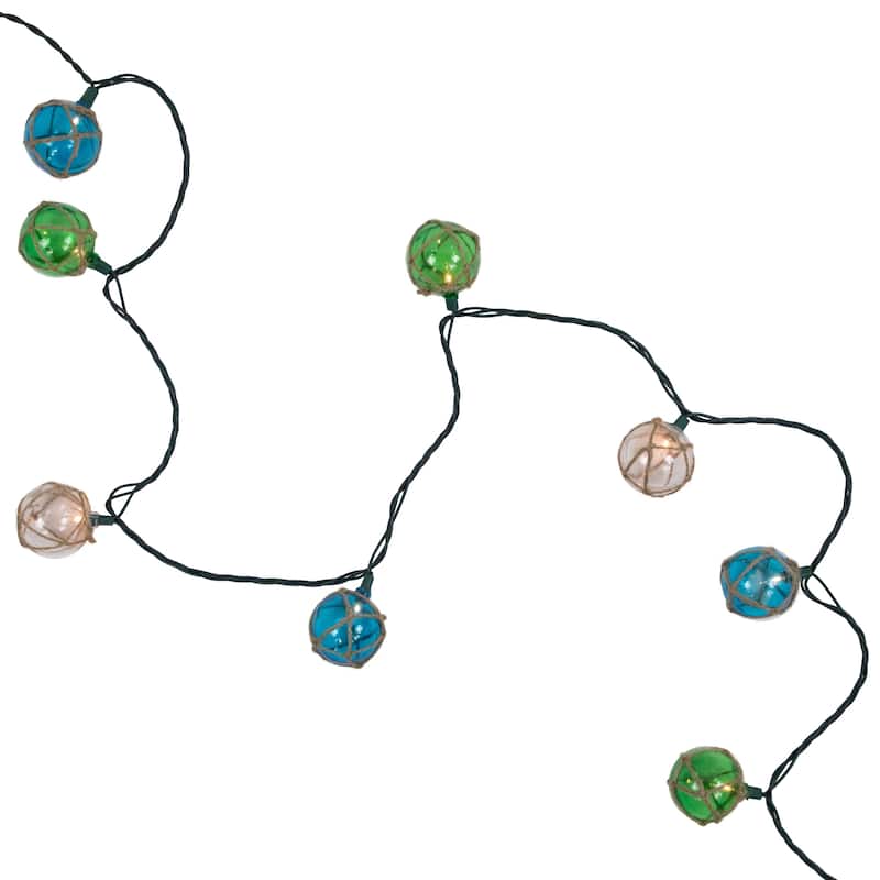 Jute Wrapped Ball Patio Light Set Blue Green 6' Green Wire 10ct
