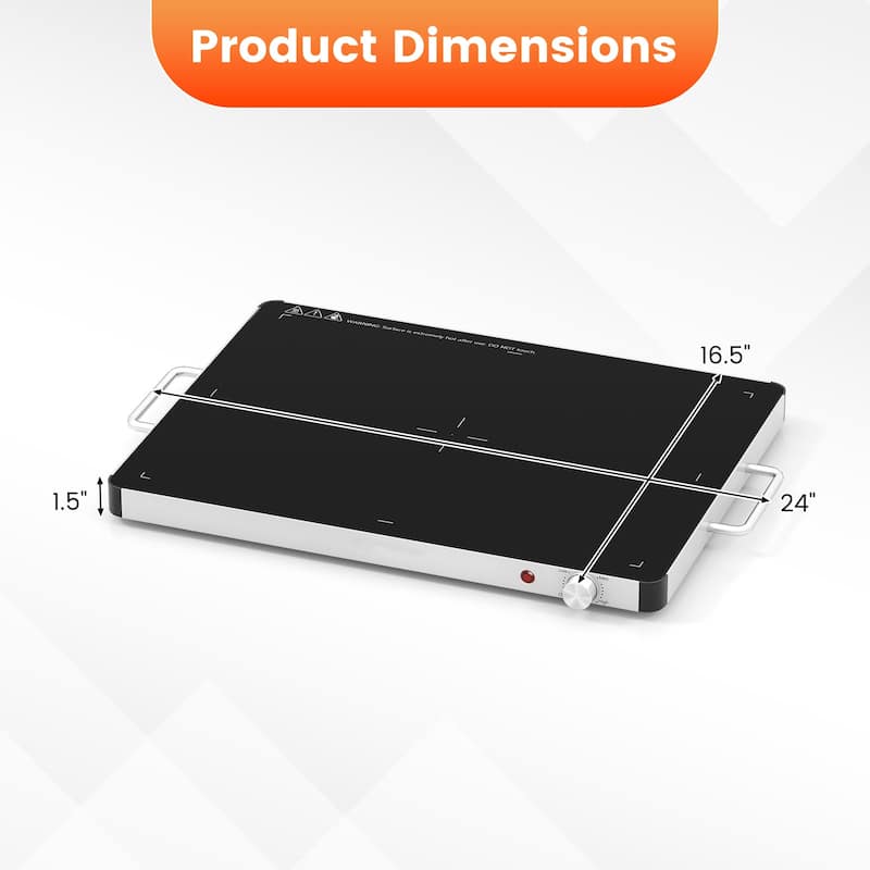 Black Tempered Glass Galvanized Steel Electric Warming Tray with 3 Temp Settings - 24" x 16.5" x 1.5"