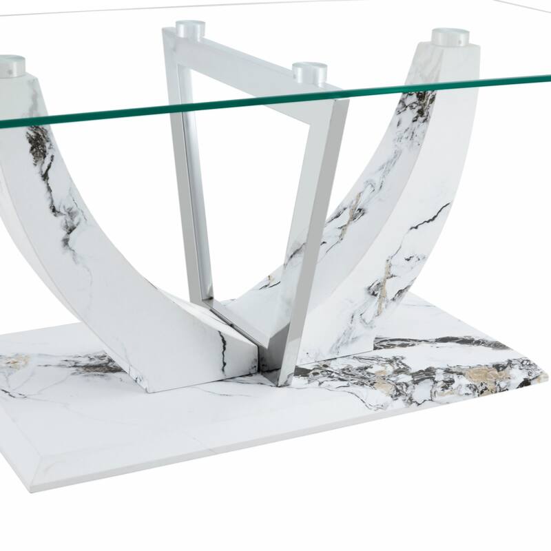 glass coffee table with marble patterned MDF legs and stainless steel decorative columns
