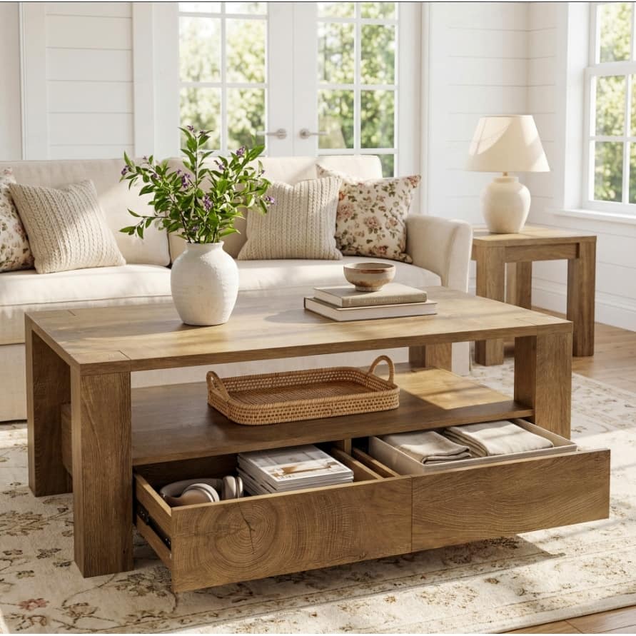 47" Large Rectangle Coffee Table with 2 Drawers & Open Shelf, Wood Living Room Center Tea Table