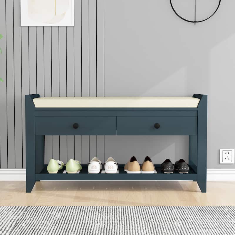 Entryway Storage Shoe Rack Bench with Cushioned Seat and Drawers - Antique Navy