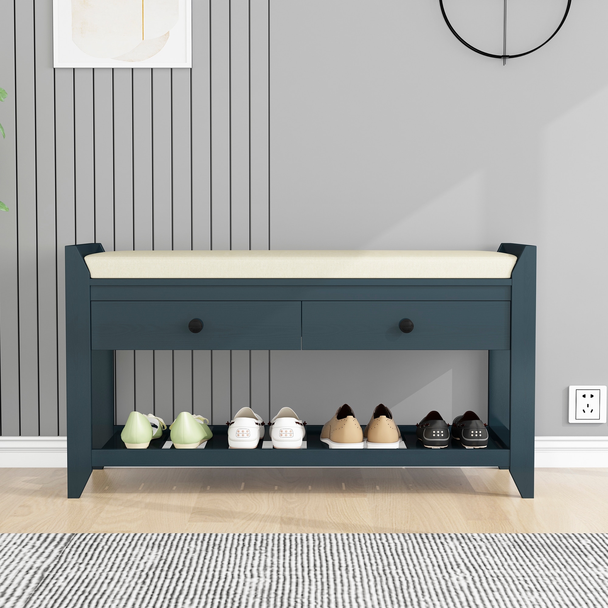 Retro Shoe Rack with Cushioned Seat and Drawers