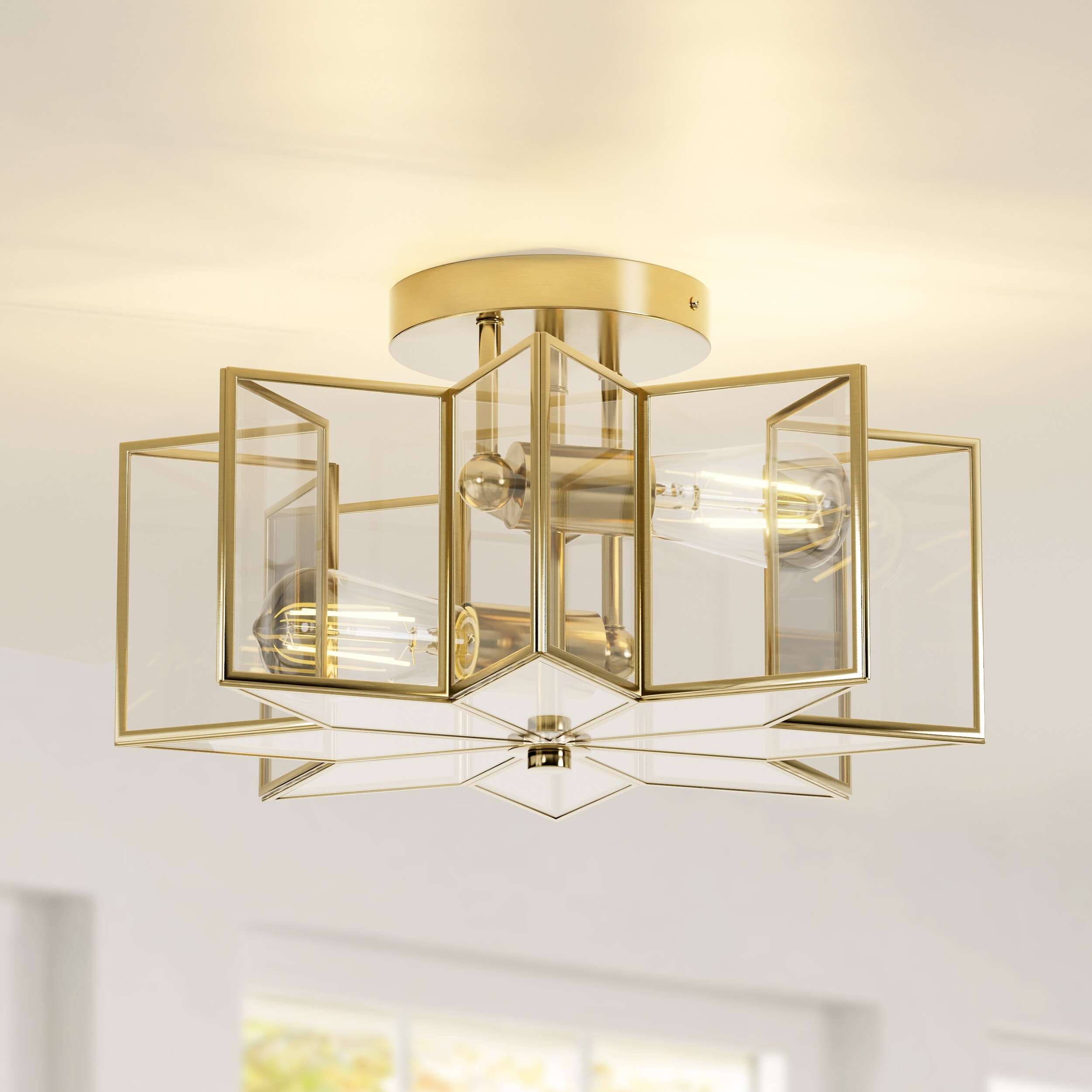 2 Light Bases 16.3 Gold Modern Star Semi Flush Mount Chandeliers Brass Trim Craft Octagonal Star Ceiling Light Fixture