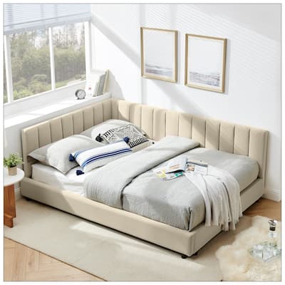 Full Size Upholstered Tufted Bed Frame with Comfortable Backrest and Armrests