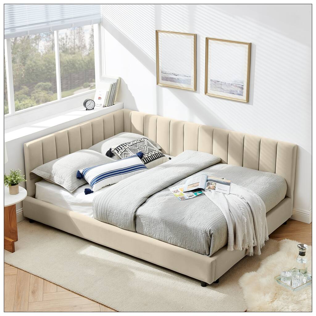 Full Size Upholstered Tufted Bed Frame with Comfortable Backrest and Armrests