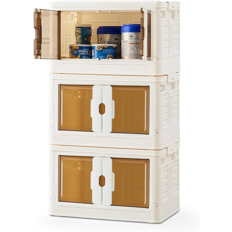Stackable Plastic Storage Bins with Lids, Foldable with Doors and Wheels, Closet Organizer Boxes for Living Room, Bedroom