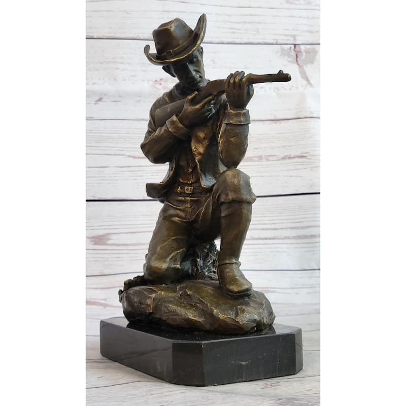 Bronze Figure Of A Kneeling Ranger With Rifle Cowboy Theme Sculpture Statue 11 Inches X 8 Inches
