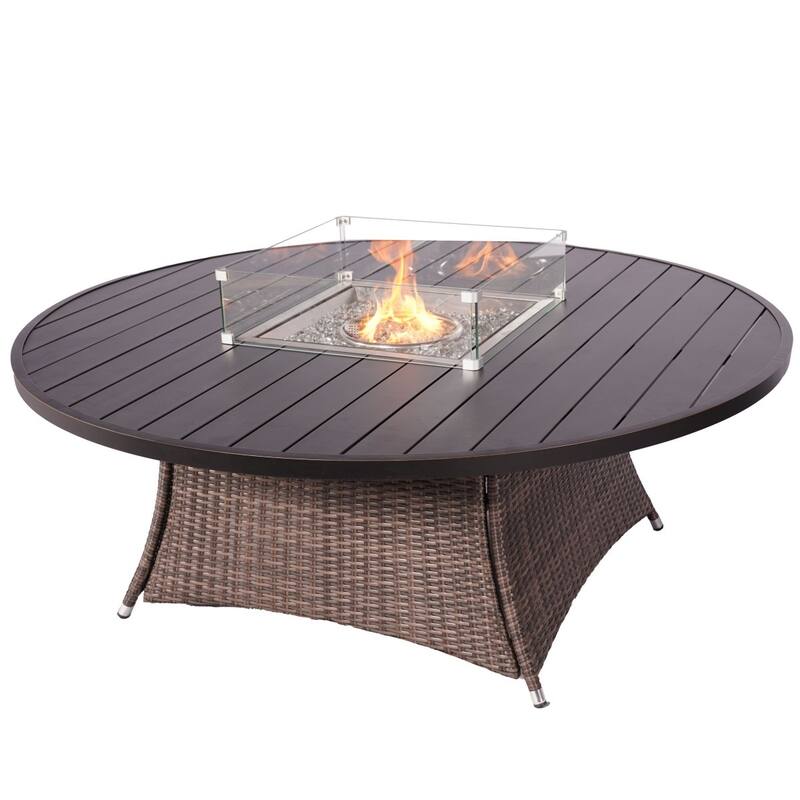9-piece Outdoor Wicker Gas Fire Pit Round Table Set with Arm Chairs