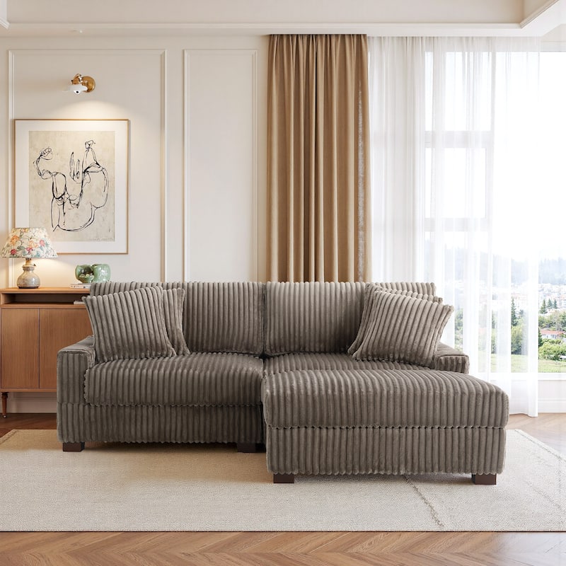 79" W Upholstered Plush Corduroy Sectional Modular Sofa with Ottoman - Light Brown