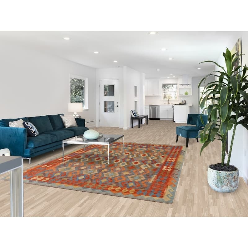 Hand Woven Oriental 100% Wool Carpet Southwestern Geometric Multi-Colored Kilim Area Rug - 9' 5'' X 6' 9''