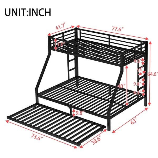 Twin XL Over Queen Bunk Bed with Twin Trundle, Metal Bed Frame with Built-in Ladder, Full-Length Guardrails and Plastic Stoppers