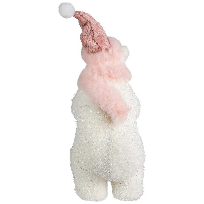 Glittery Polar Bear In Winter Hat Christmas Figurine - 10.5"
