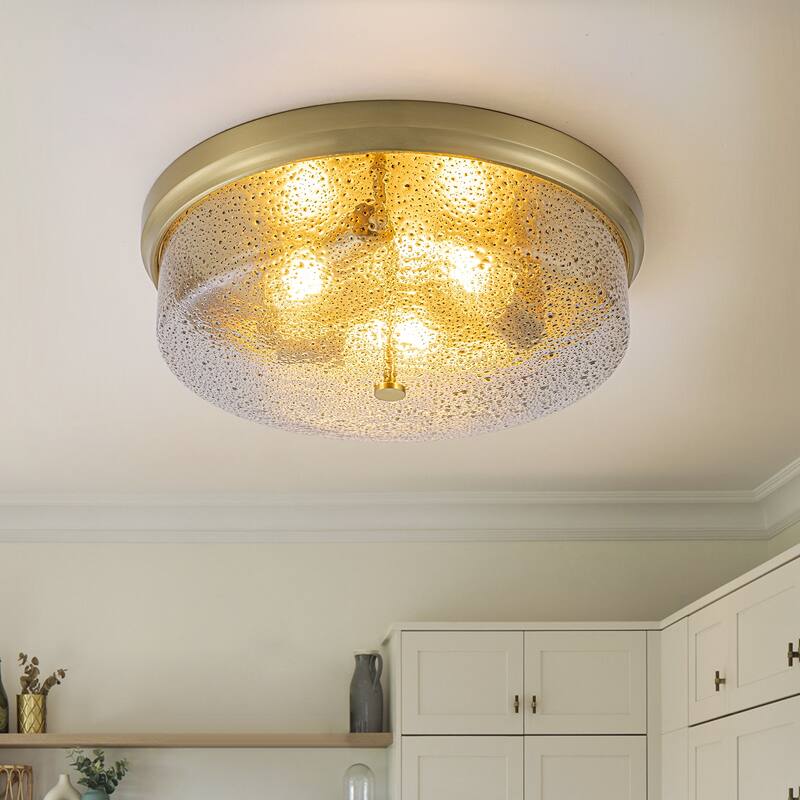 Modern 3-Light Seeded Glass Drum Flush Mount Ceiling Light - Gold