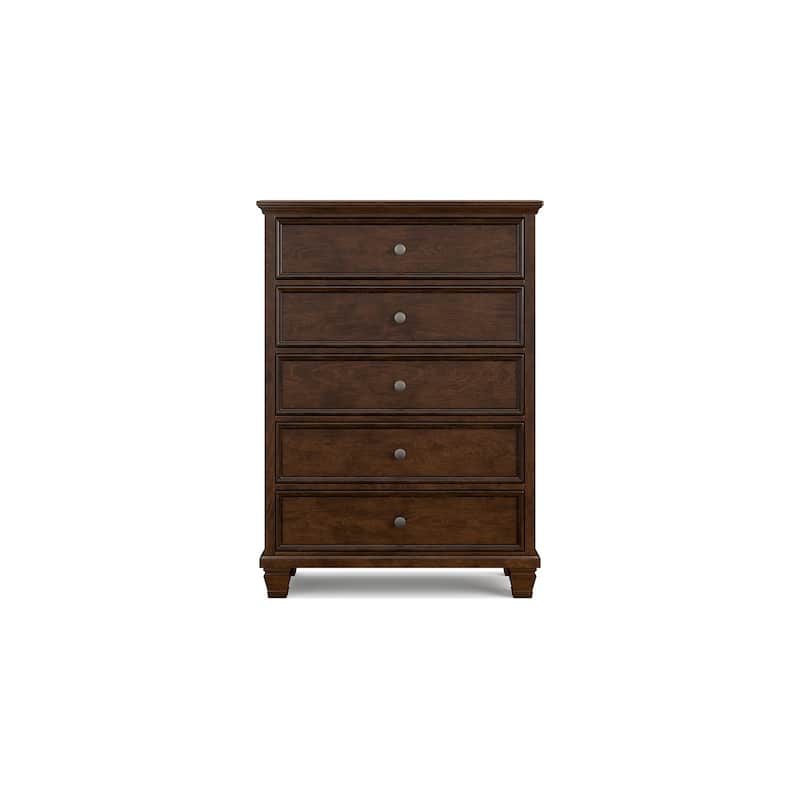 Reno Tall Dresser Chest, 5 Drawer Nickel Round Knobs, Brown Solid Wood
