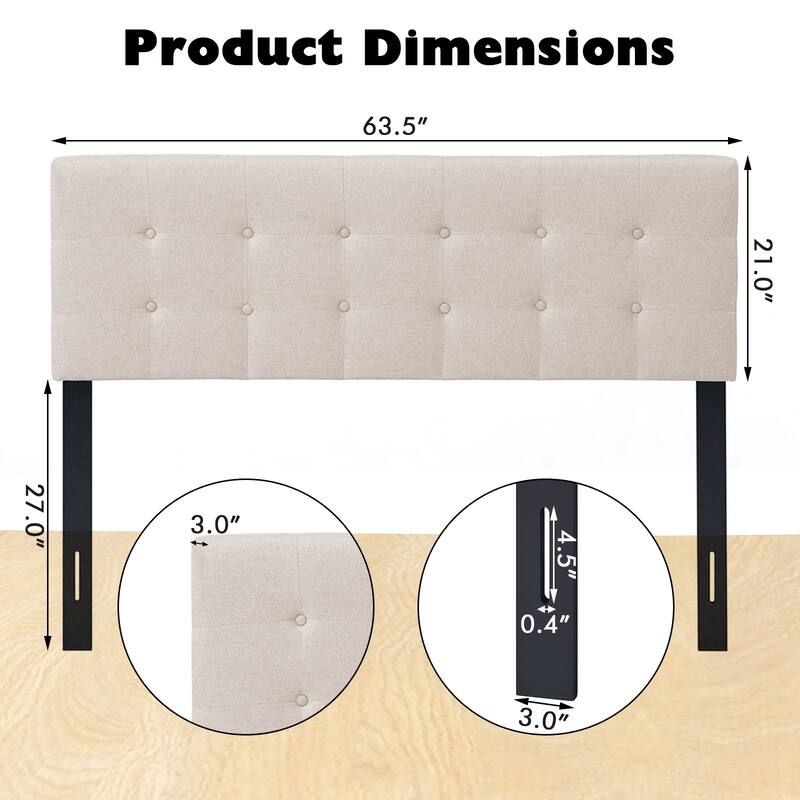 Modern Button Tufted Headboard with Rubber Wood Legs