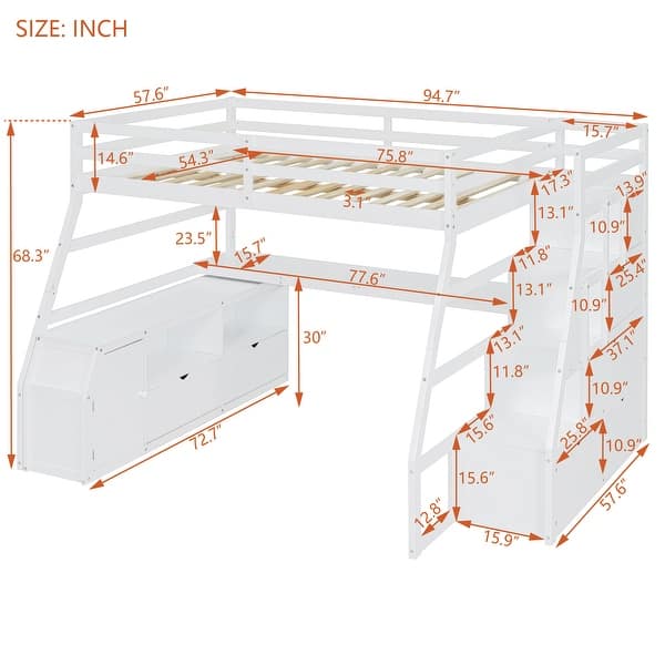 dimension image slide 1 of 3, Full Size Wood Loft Bed Frame with 7 Drawers, 2 Shelves, Desk