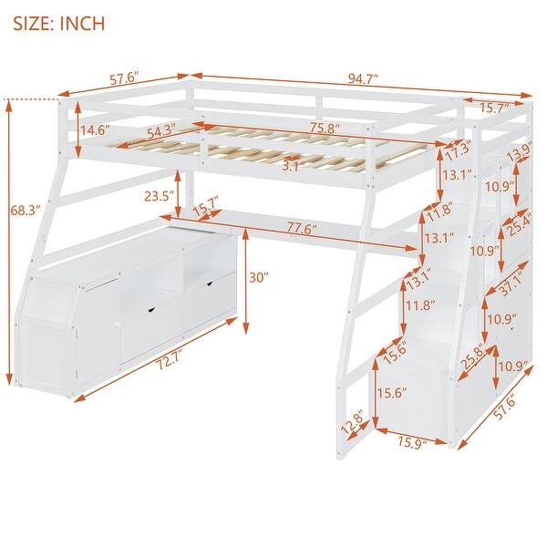 Loft Bed with Build-in 7 Drawers, 2 Shelves and Desk, White
