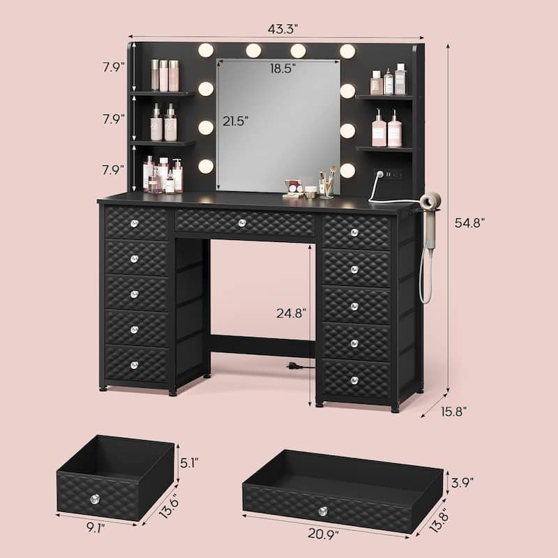 Vanity with Lights and Mirror 11 Drawer Makeup Vanity 6 Shelves