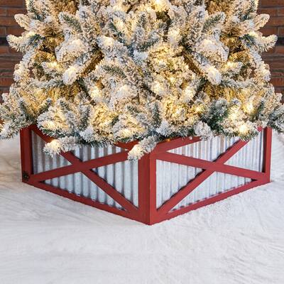 Glitzhome Galvanized Corrugated Metal Wooden Christmas Tree Collar