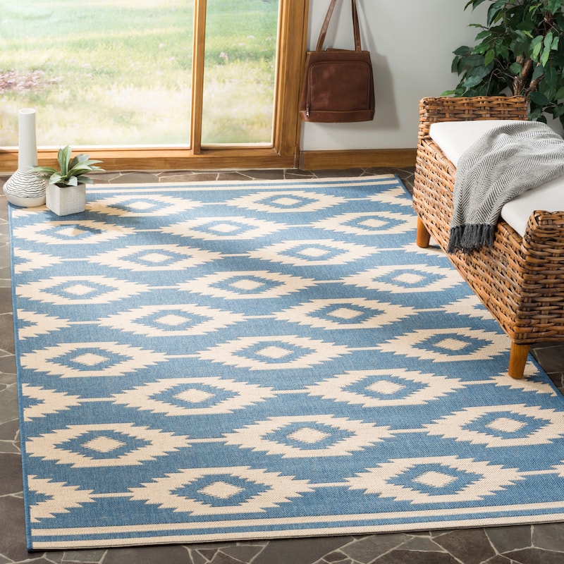 SAFAVIEH Linden Seda Indoor/ Outdoor Waterproof Patio Backyard Rug - 4' x 6' - Cream/Blue
