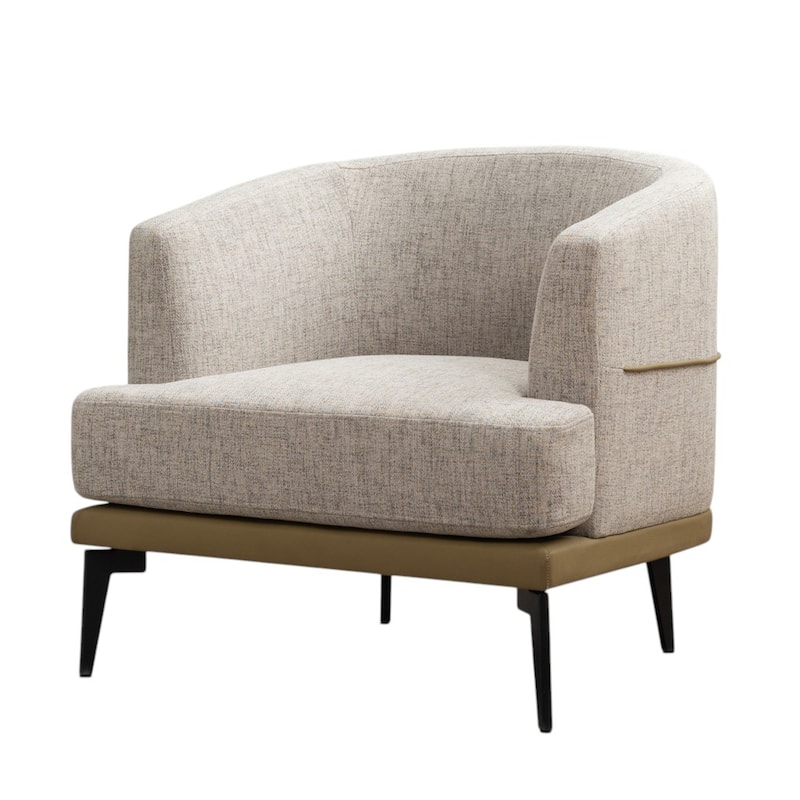 HomeRoots 29" Beige Camel and Black Tufted Linen Solid and Manufactured Wood Barrel Chair - 28.90 in. x 28.30 in. x 27.60 in.