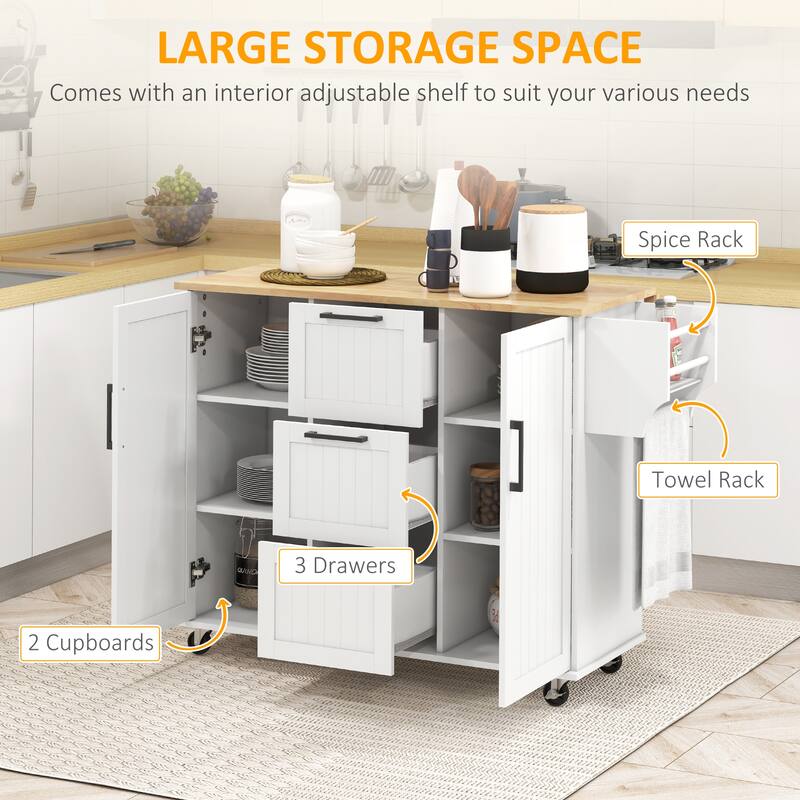 Rubber Wood Drop Leaf Kitchen Island with 3 Drawers & 2 Cabinets, Rolling Kitchen Cart on Wheels with Spice Rack & Towel Rack