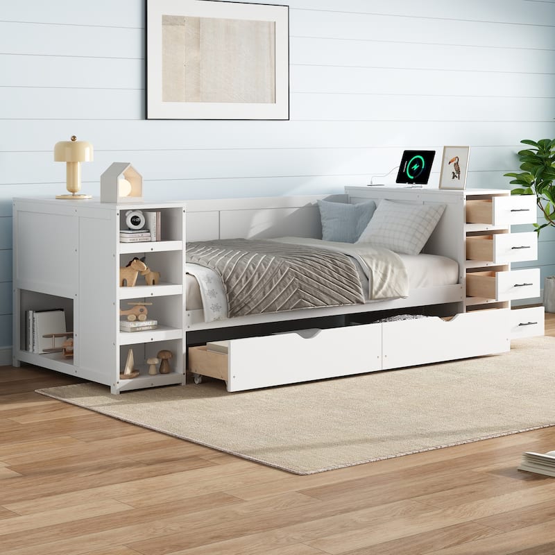 White Wooden Twin Size Daybed with Drawer and USB