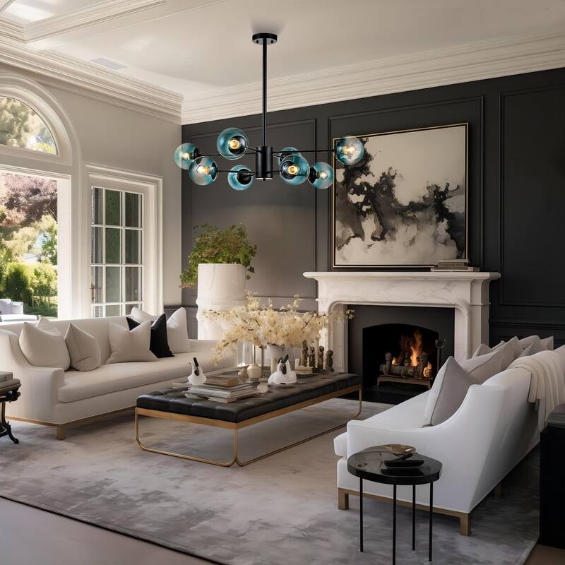 8-Light Modern 2-Tier Sputnik Linear Cluster Gradient Blue Clear Glass Globe Bubble Chandelier
