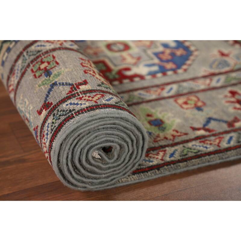 Hand Knotted Oriental 100% Wool Carpet Traditional Geometric Greys & Charcoal Kazak Runner Rug - 13' 3'' X 2' 8''