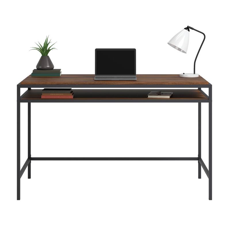 Wood Writing Desk with Sturdy Metal Frame, Dark Walnut