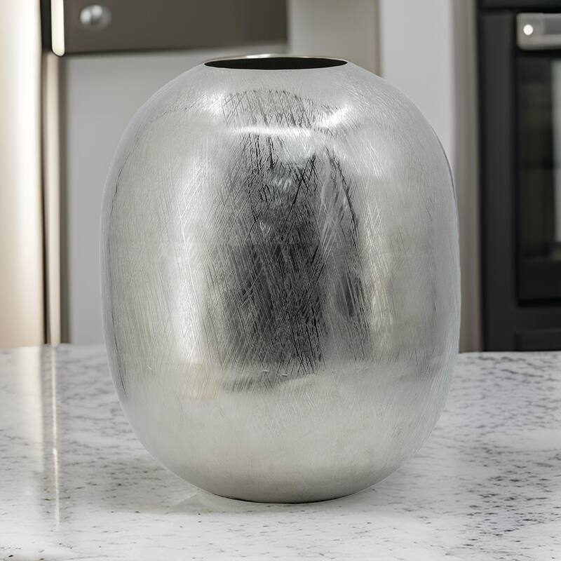 Chan 13 Inch Modern Metal Vase, Curved Round Shape Metallic Silver Finish