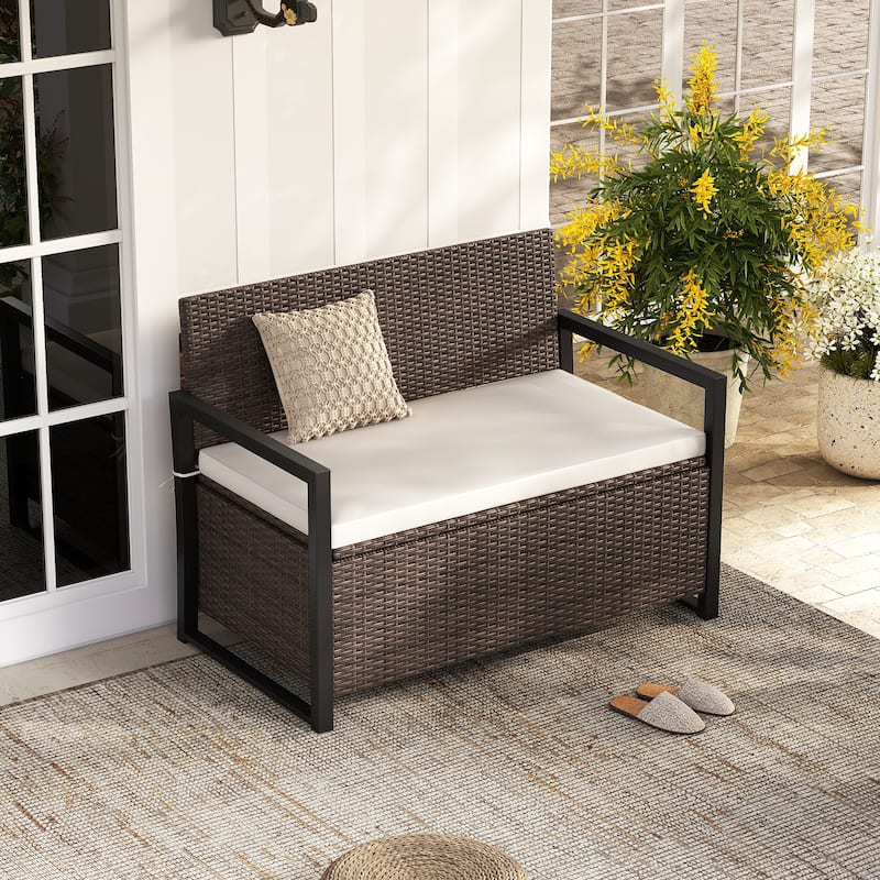 Patio Rattan Storage Bench with 40 Gallon Deck Box and Seat Cushion for Backyard or Garden - 24.5" x 46" x 33.5"