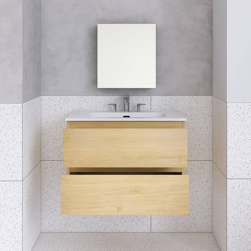 Floating Integrated Bathroom Vanity with Ceramic Sink, Three Faucet Holes