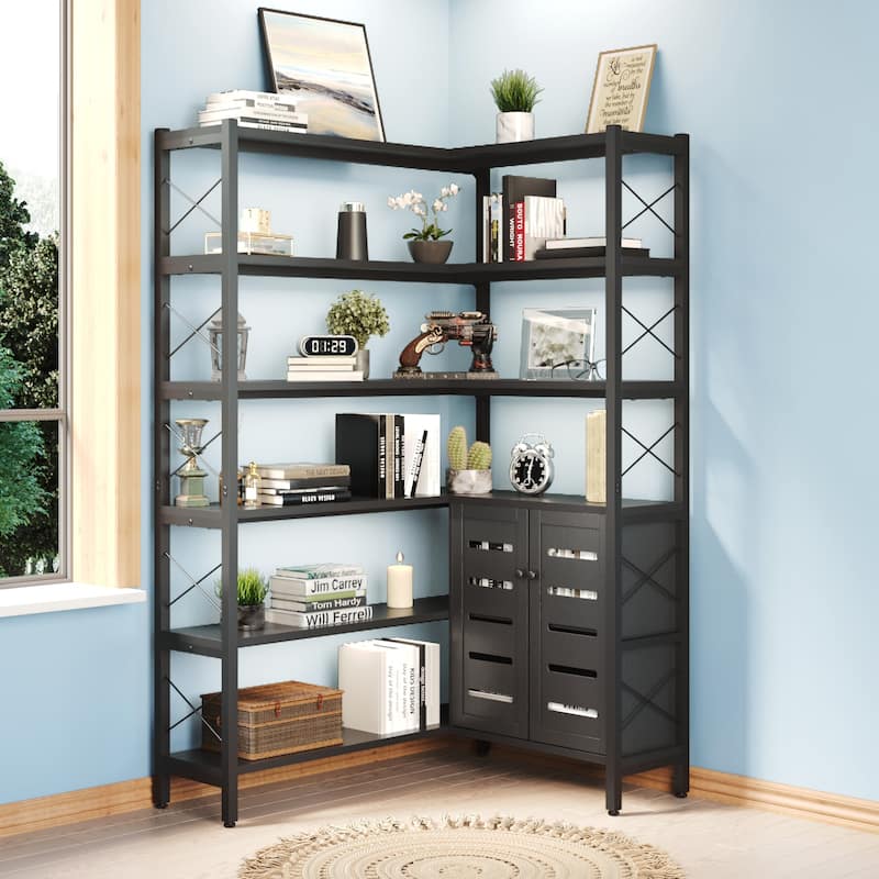 6-Shelf Corner Bookshelf, Vintage Industrial Corner Bookshelf Etagere Bookcase,with storage cabinet