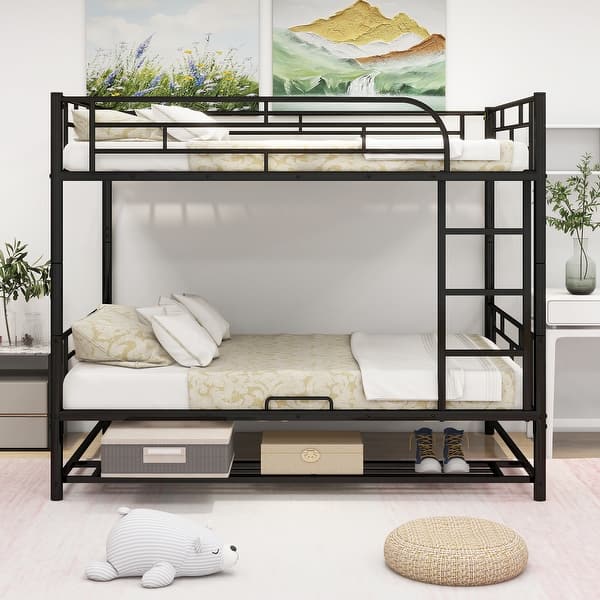 slide 2 of 24, Full Over Full Metal Bunk Bed Frame with Shelf and Guardrails Black - Full
