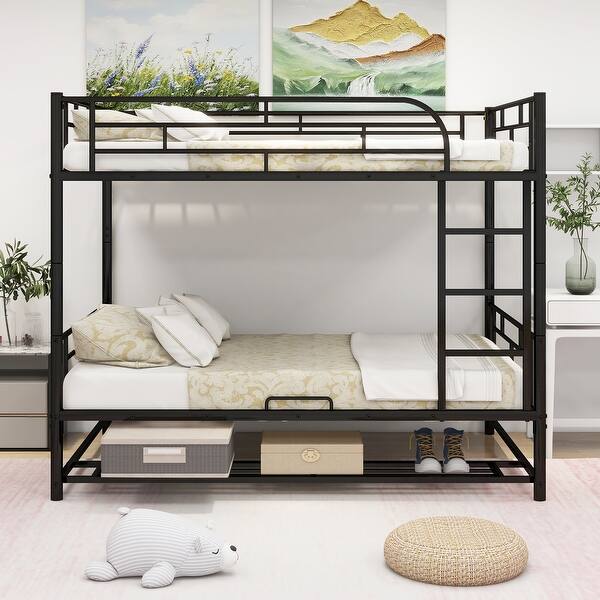 slide 2 of 9, Full Size Bunk Bed with Ladders Guard, Black Black - Full